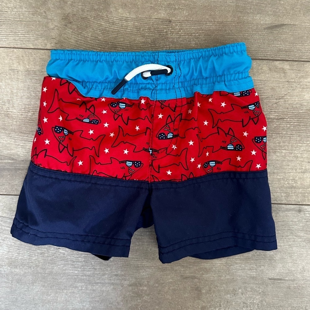 Cat & Jack Red White & Blue Shark Swim Trunks 12 Months Baby Boy EUC